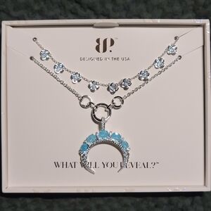 FREE OG W/purchase -Silver Double-Layer Necklace with Aqua Blue Crescent Pendant